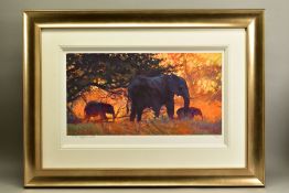 ROLF HARRIS (AUSTRALIAN 1930) 'BACKLIT GOLD' a limited edition print 100/195 depicting Elephants,