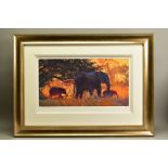 ROLF HARRIS (AUSTRALIAN 1930) 'BACKLIT GOLD' a limited edition print 100/195 depicting Elephants,