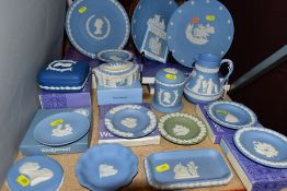 WEDGWOOD JASPERWARES to include light blue plates, water jug, storage jar, pin dishes, dark blue