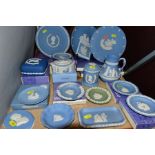 WEDGWOOD JASPERWARES to include light blue plates, water jug, storage jar, pin dishes, dark blue