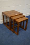 A G PLAN OAK AND MARQUETRY TOPPED NEST OF THREE TABLES