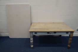 A VICTORIAN PINE KITCHEN TABLE with two drawers, on turned legs, length 153cm x depth 104cm x height