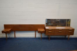 AN AUSTINSUITE TEAK DRESSING TABLE, with a large rectangular mirror, above six drawers, width