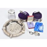 A SELECTION OF SILVER AND WHITE METAL ITEMS, to include two silver mounted pin cushion boxes with