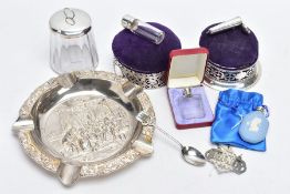 A SELECTION OF SILVER AND WHITE METAL ITEMS, to include two silver mounted pin cushion boxes with