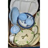 A BOX OF TABLEWARES, etc, to include Royal Doulton 'Countess' tureen, serving platter, three small