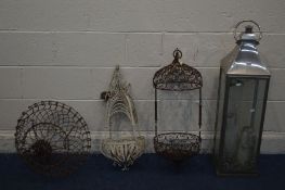 THREE VARIOUS WIRE GARDEN HANGING BASKETS, along with a stainless steel lantern (4)