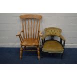 A BEECH WINDSOR ARMCHAIR (sd to finish) along with an Edwardian tub chair. (2)