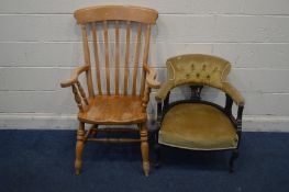 A BEECH WINDSOR ARMCHAIR (sd to finish) along with an Edwardian tub chair. (2)