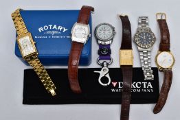 A SELECTION OF WRISTWATCHES, to include a cased gent's 'Rotary' with a rounded square, silver