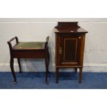 AN EDWARDIAN MAHOGANY AND INLAID POT CUPBOARD together with an Edwardian piano stool (2)