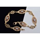 A 9CT GOLD SPLIT PEARL CLOGAU BRACELET, designed with five rose and yellow gold Celtic pattern links