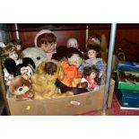 A QUANTITY OF DOLLS AND SOFT TOYS, to include modern collectors dolls by Alberon, Leonardo and