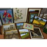 A BOX AND THIRTEEN LOOSE PICTURES, including tapestries, modern oils on canvas, landscapes,