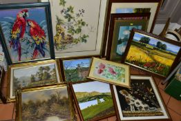 A BOX AND THIRTEEN LOOSE PICTURES, including tapestries, modern oils on canvas, landscapes,