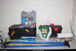 TWO PLASTIC TOOLBOXES and various tools including a partial Hilka soldering kit, a Weller electric