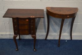 A MAHOGANY DROP LEAF LAMP TABLE, with three drawers, on cabriole legs, along with a yewwood