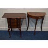 A MAHOGANY DROP LEAF LAMP TABLE, with three drawers, on cabriole legs, along with a yewwood