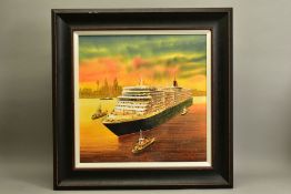 PETER J.RODGERS (BRITISH CONTEMPORARY) 'MERSEY ESCORT', the cruise liner Queen Elizabeth with a