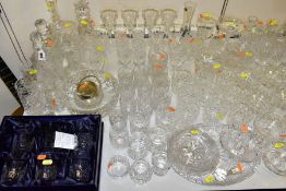 A QUANTITY OF GLASSWARE, mostly clear with some coloured pieces, includes a box of six Stuart