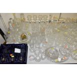 A QUANTITY OF GLASSWARE, mostly clear with some coloured pieces, includes a box of six Stuart