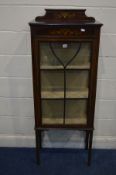 AN EDWARDIAN MAHOGANY AND MARQUETRY PAINTED SINGLE DOOR DISPLAY CABINET, width 59cm x depth 30cm x