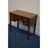 A GEORGIAN OAK AND PARQUETRY STRUNG LOWBOY, with a single long drawer above two short drawers, on