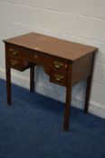 A GEORGIAN OAK AND PARQUETRY STRUNG LOWBOY, with a single long drawer above two short drawers, on