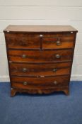 A GEORGIAN FLAME MAHOGANY CHEST OF TWO SHORT OVER THREE LONG GRADUATING DRAWERS, on outsplayed