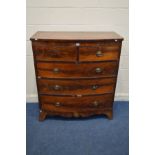 A GEORGIAN FLAME MAHOGANY CHEST OF TWO SHORT OVER THREE LONG GRADUATING DRAWERS, on outsplayed