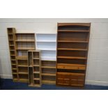 A PARKER KNOLL TEAK OPEN BOOKCASE, width 87cm x depth 27cm x height 193cm, along with five open