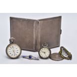 A SILVER CIGARETTE CASE, TWO BROOCHES AND TWO POCKET WATCHES, the cigarette case of an engine turn