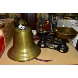 A WALL MOUNTED BRASS BELL, diameter of base of bell approximately 26cm, height approximately 25cm,