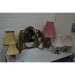 A GILT WOOD TRIPLE DRESSING MIRROR, together with five various table lamps, including one ceramic