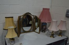 A GILT WOOD TRIPLE DRESSING MIRROR, together with five various table lamps, including one ceramic