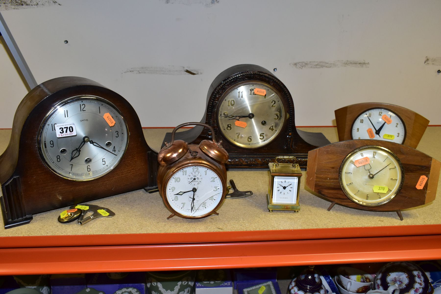 SIX VARIOUS CLOCKS INCLUDING TWO 1920'S/30'S OAK DOME TOP MANTEL CLOCKS, (a Smiths Westminster chime