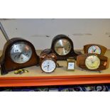SIX VARIOUS CLOCKS INCLUDING TWO 1920'S/30'S OAK DOME TOP MANTEL CLOCKS, (a Smiths Westminster chime
