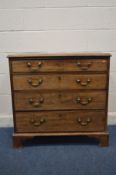 A GEORGE III MAHOGANY CHEST OF FOUR LONG GRADUATED DRAWERS, with brass swan neck handles, on bracket
