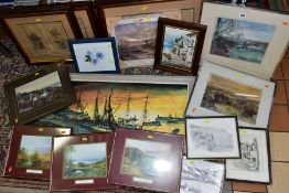 PAINTINGS AND PRINTS, to include a pair of landscape watercolours, indistinctly signed,