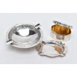 A SILVER TRINKET AND ASHTRAY WITH ANOTHER WHITE METAL ASHTRAY, to include a wavy edge plain polished