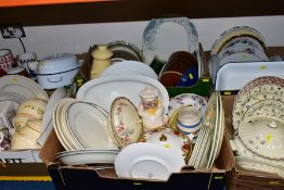 SIX BOXES OF ASSORTED DINNER WARES, KITCHEN CROCKERY AND UTENSILS, ETC, including a John Russell