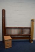 A STAINED HARDWOOD 5FT SLATTED BED FRAME with side rails and slats, together with a modern beech