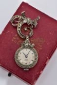 A WHITE METAL SMITHS DELUXE MARCASITE FOB WATCH, mechanical hand wound movement, currently