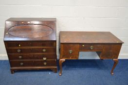AN EDWARDIAN MAHOGANY BUREAU, with a fitted interior above four drawers, width 92cm x depth 48cm x