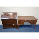 AN EDWARDIAN MAHOGANY BUREAU, with a fitted interior above four drawers, width 92cm x depth 48cm x