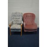 AN ELECTRIC POSTURE ARMCHAIR (missing plug, PAT untested) along with a pink upholstered armchair (