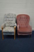 AN ELECTRIC POSTURE ARMCHAIR (missing plug, PAT untested) along with a pink upholstered armchair (