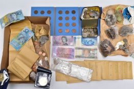 A BOX CONTAINING MIXED WORLD COINS, to include some modern fifty pence series of coins, lots of