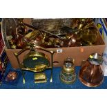 A BOX OF COPPER AND BRASS ITEMS, etc to include a heavy gauge twin handled copper pan, diameter