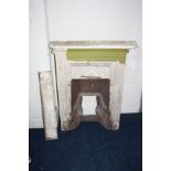 A 20th CENTURY CAST IRON FIRE INSERT overpainted in cream and green ( crack to top and no basket)
